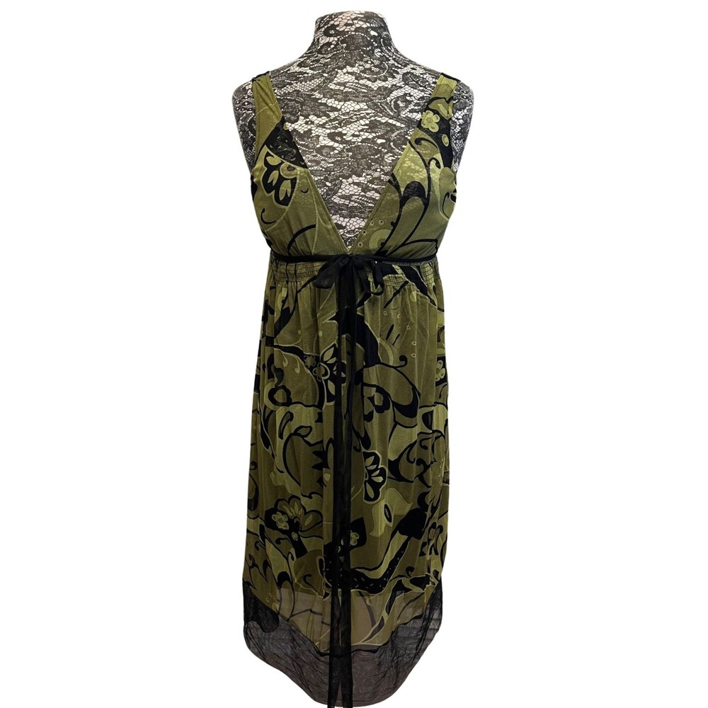 Suzi Chin Midi Dress Sleeveless Black Green Floral V-Neck Sheer Witchy Empire 10